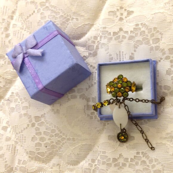 VTG NWOT Girls Women’s Orange Green Rhinestone Adjustable Vintage Copper Ring - Picture 8 of 11